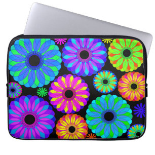 Colourful Retro Flower Patterns on Black Laptop Sleeve
