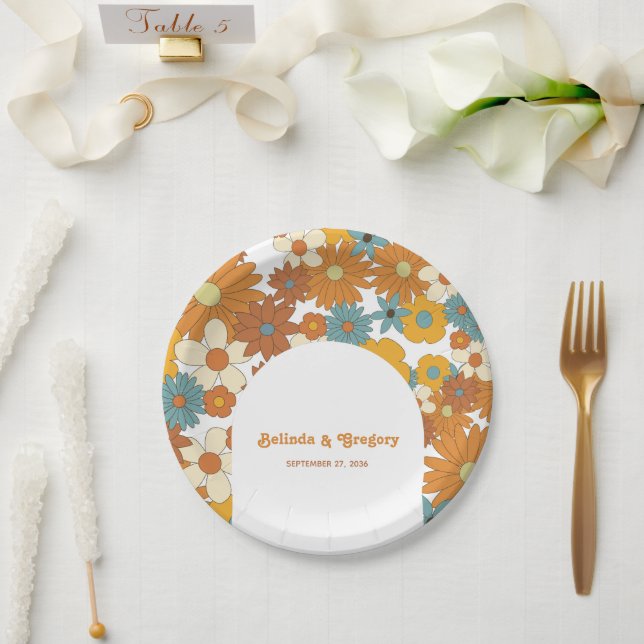 Colourful Retro Flowers 60's 70's Arch Wedding Paper Plate (Wedding)