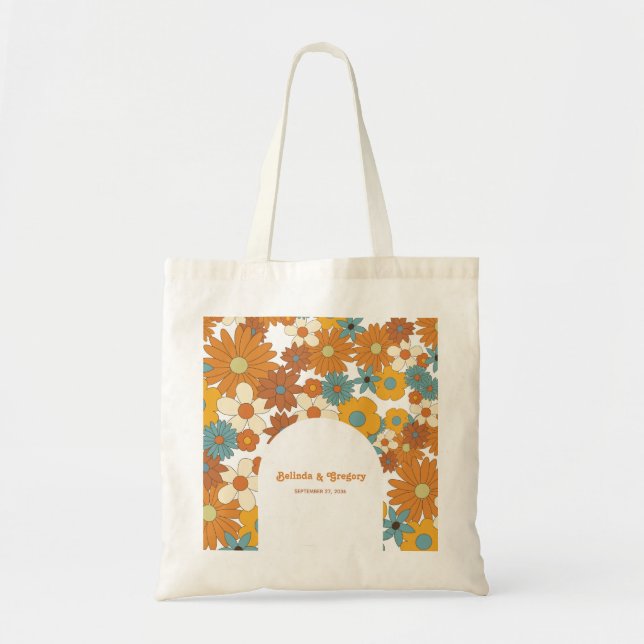 Colourful Retro Flowers 60's 70's Arch Wedding Tote Bag (Front)