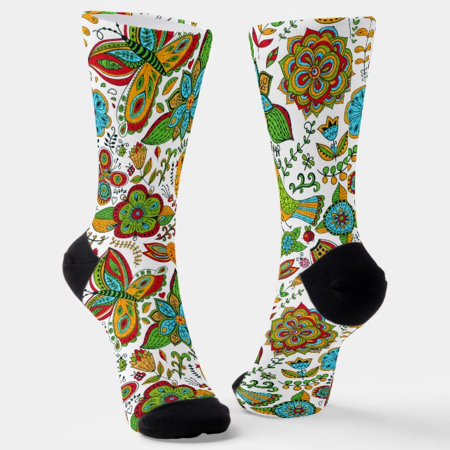 Colourful retro flowers and butterflies pattern socks (Angled)