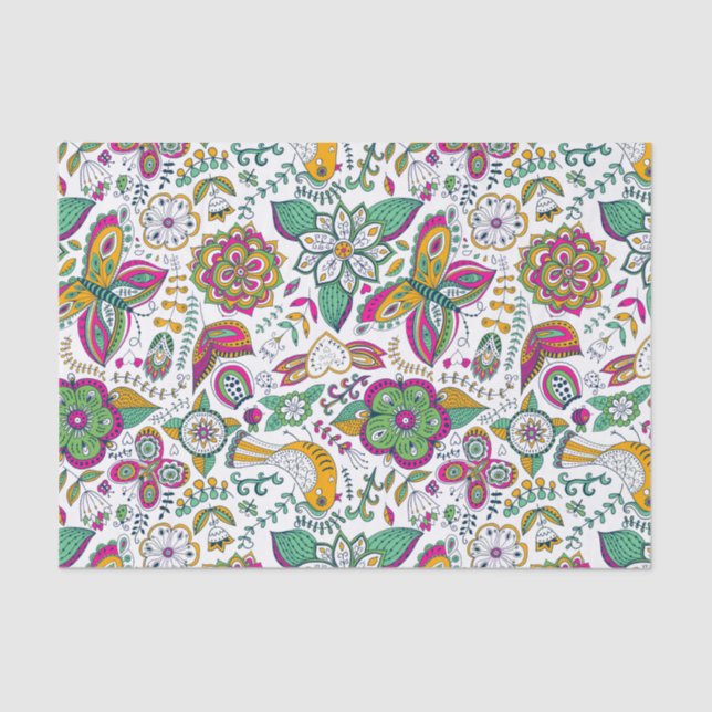 Colourful Retro Flowers Birds & Butterflies Patter Tissue Paper (Front)