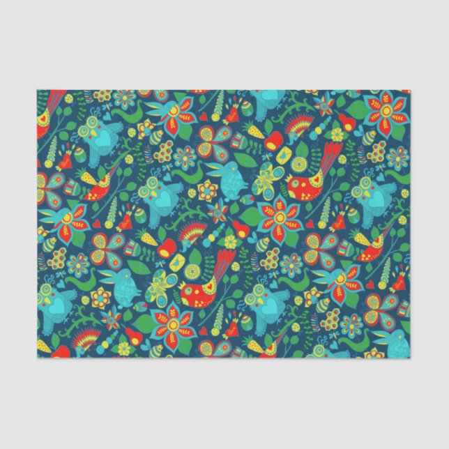 Colourful Retro Flowers Birds & Butterflies Tissue Paper (Front)