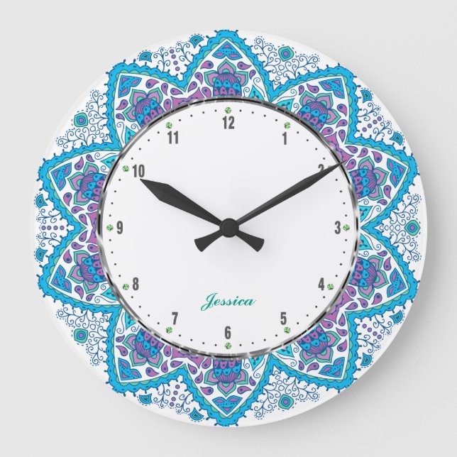 Colourful Retro Flowers Blue Overtones Large Clock (Front)