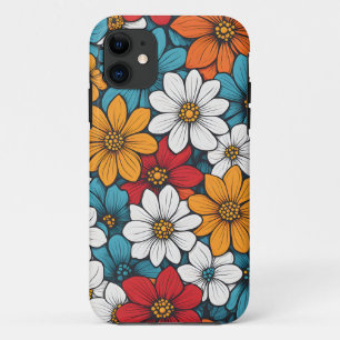 Colourful Retro Flowers Blue Red Yellow Orange iPhone 11 Case