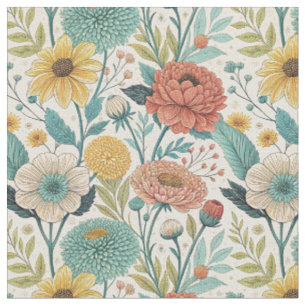 Colourful Retro Flowers Daisy Meadow Floral Patter Fabric
