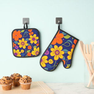 Colourful Retro Flowers-Dopamine Style Oven Mitt & Pot Holder Set