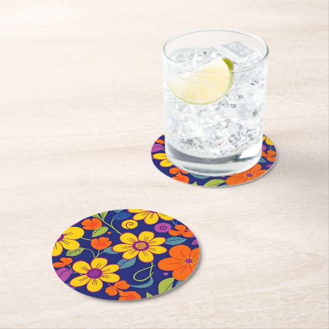 Colourful Retro Flowers-Dopamine Style Round Paper Coaster (Insitu)