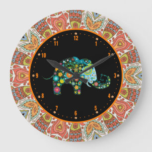Colourful Retro Flowers & Elephant 4 Large Clock
