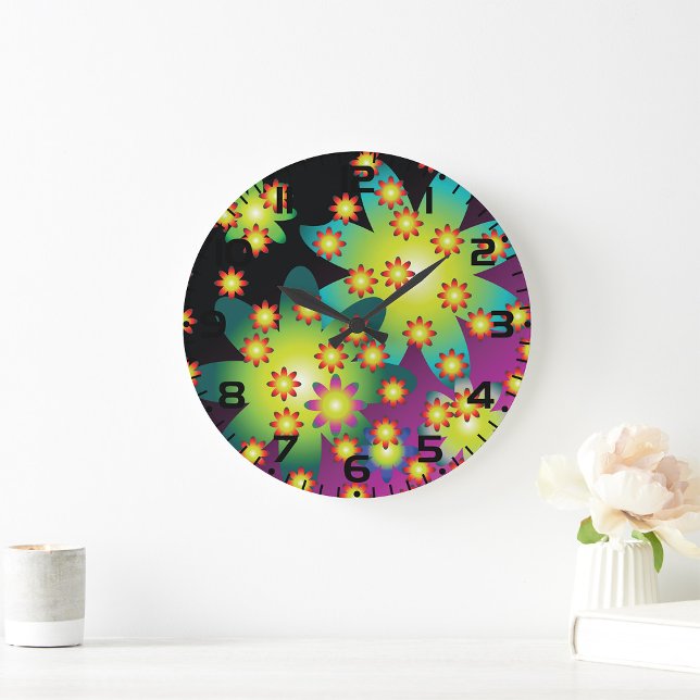 Colourful Retro Flowers Large Clock (Creator Uploaded)