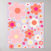 Colourful Retro Flowers Lilac Pink White Orange