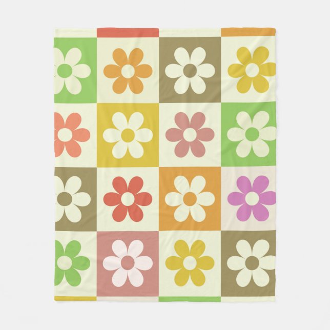 Colourful Retro Flowers on Chequerboard Pattern  Fleece Blanket (Front)