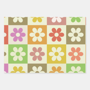 Colourful Retro Flowers on Chequerboard Pattern  Wrapping Paper Sheet