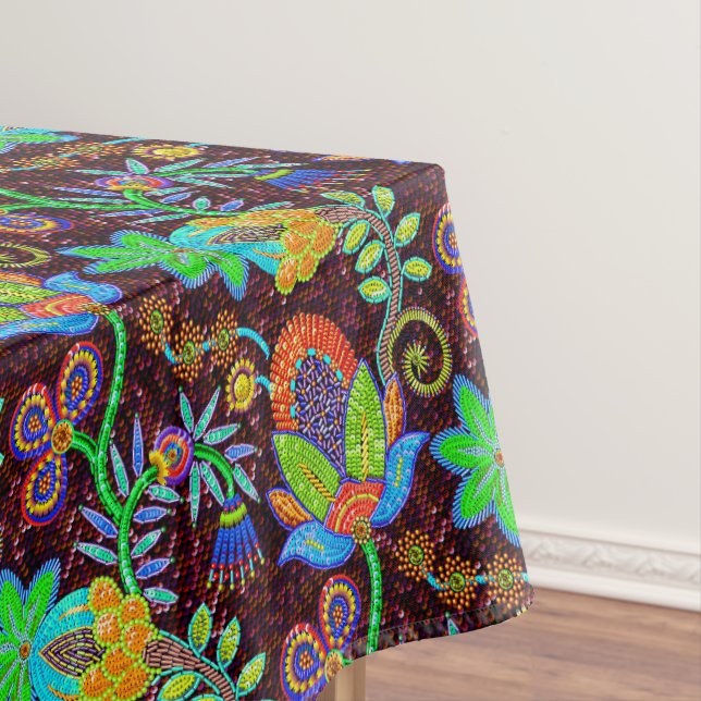Colourful Retro Flowers Pattern Faux Glass-beads Tablecloth (In Situ)