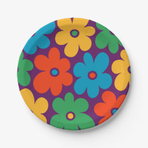 Colourful Retro Flowers Pattern Paper Plate
