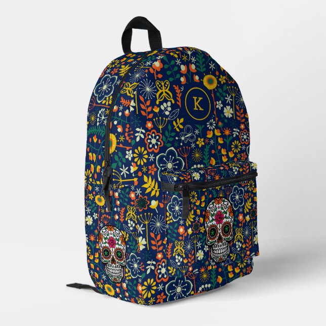 Colourful retro flowers pattern | retro skull printed backpack (Back Corner Left)