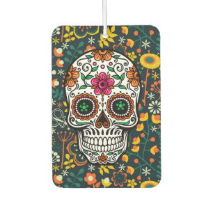 Colourful retro flowers pattern & sugar skull air freshener