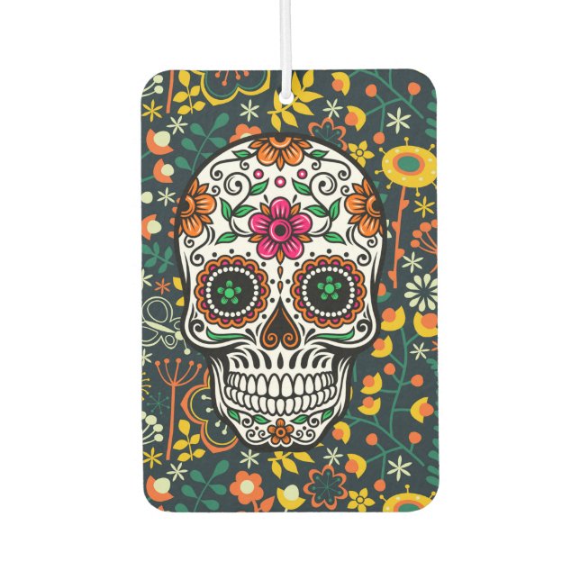 Colourful retro flowers pattern & sugar skull air freshener (Front)