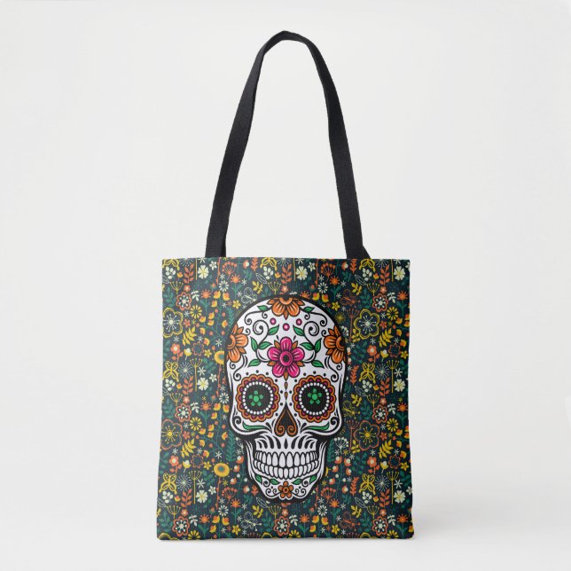 Colourful Retro Flowers Pattern & Sugar Skull Tote Bag (Front)