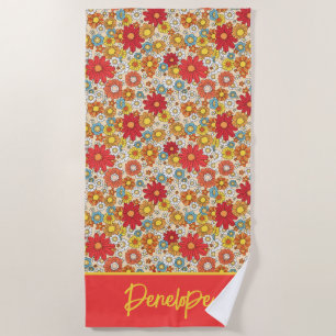 Colourful Retro Flowers - Personalized  Beach Towel