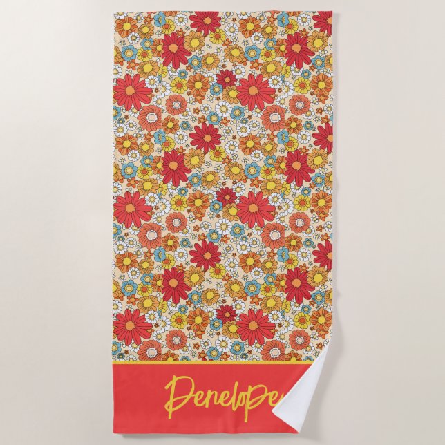 Colourful Retro Flowers - Personalized  Beach Towel (Front)