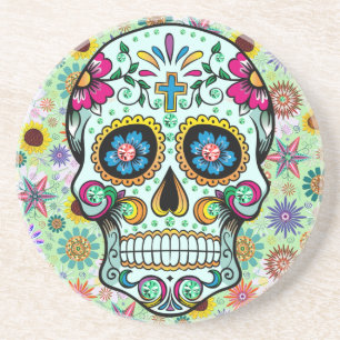 Colourful Retro Flowers Skull 3 Coaster
