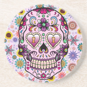 Colourful Retro Flowers Skull Coaster