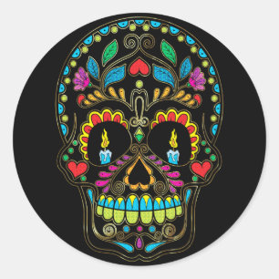Colourful Retro Flowers Sugar Skull Classic Round Sticker