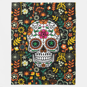Colourful Retro Flowers Sugar Skull Fleece Blanket