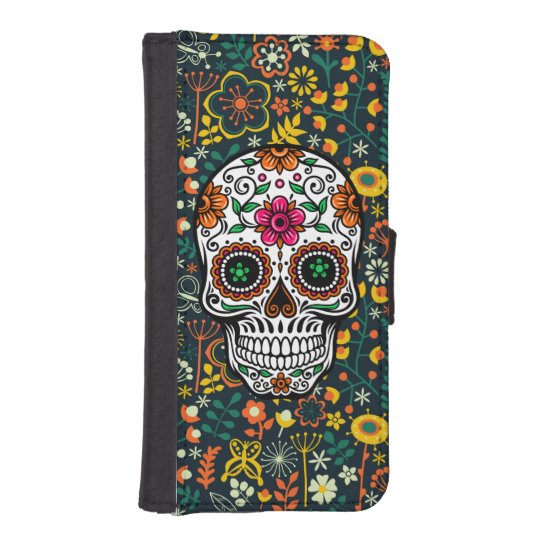 Colourful Retro Flowers Sugar Skull iPhone SE/5/5s Wallet Case