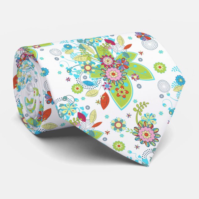 Colourful Retro Flowers & Swirls Pattern Tie (Rolled)