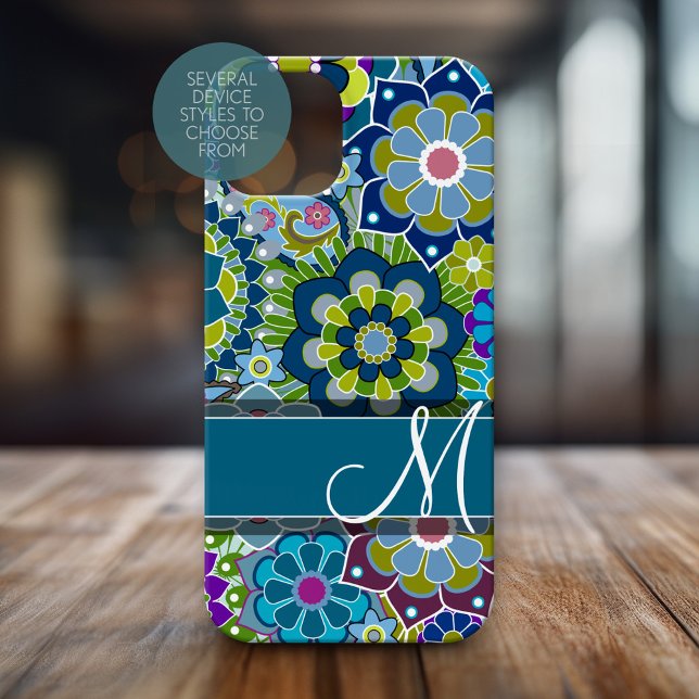 Colourful Retro Flowers with Monogram (Personalized Phone Case with Monogram)
