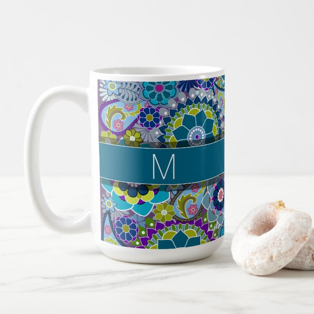 Colourful Retro Flowers with Monogram Coffee Mug (With Donut)