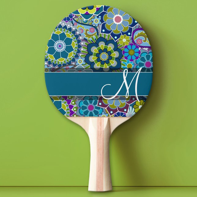 Colourful Retro Flowers with Monogram Ping Pong Paddle (Custom Monogram Ping Pong Paddle)