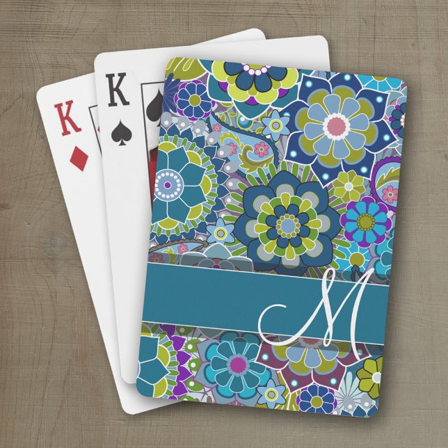 Colourful Retro Flowers with Monogram Playing Cards (Personalized playing cards with a funky floral pattern and a place for a name)
