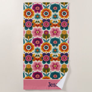 Colourful RETRO Folk Art 70s Floral Pattern Name Beach Towel