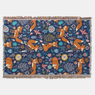 Colourful Retro Foxes And Flowers Pattern Throw Blanket