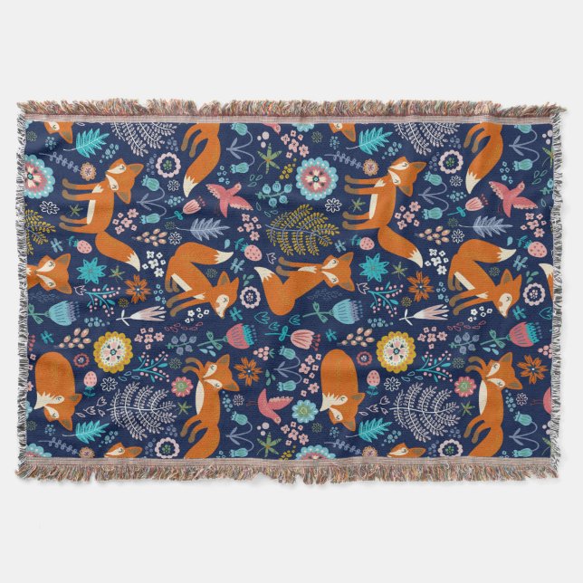 Colourful Retro Foxes And Flowers Pattern Throw Blanket (Front)
