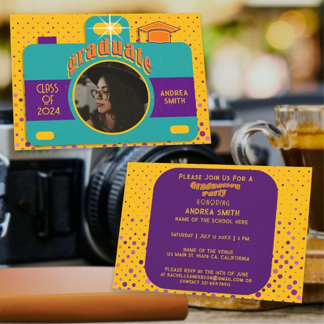 Colourful Retro Fun Party Custom Graduate Photo  Invitation (Creator Uploaded)