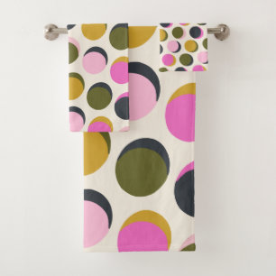 Colourful Retro Geometric Dots Pattern Green Pink  Bath Towel Set