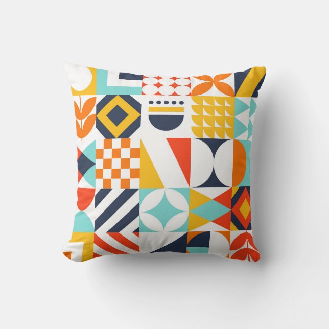 Colourful Retro Geometric Pattern Throw Pillow (Front)
