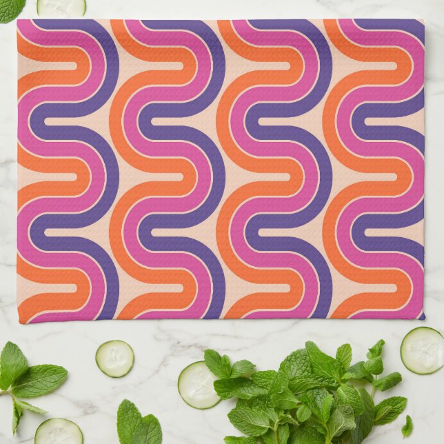 Colourful Retro Geometric Wave Design Kitchen Towel (Folded)