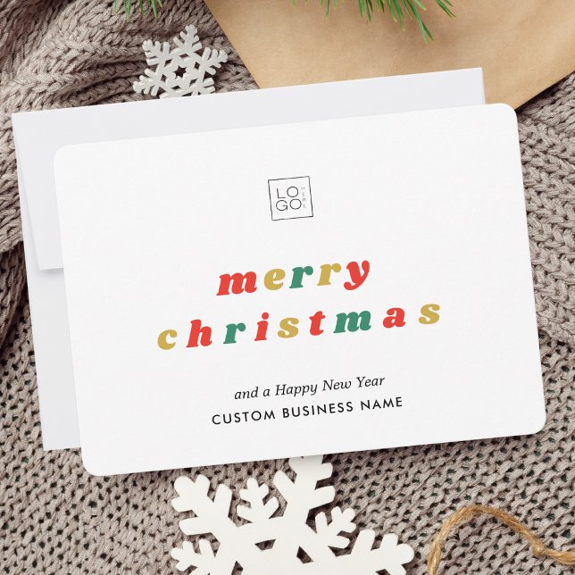 Colourful Retro Groovy Add Business Logo Christmas Holiday Card (Creator Uploaded)