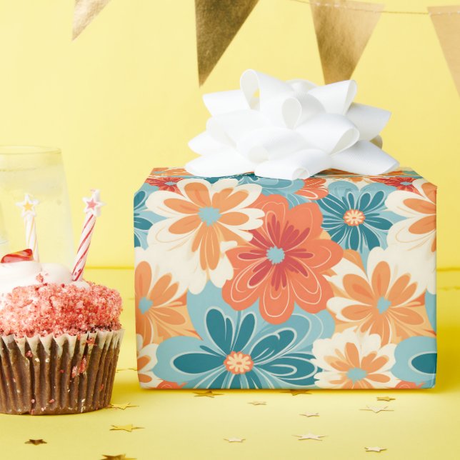 Colourful Retro Groovy Floral Hippie Pattern Wrapping Paper (Birthday Party)