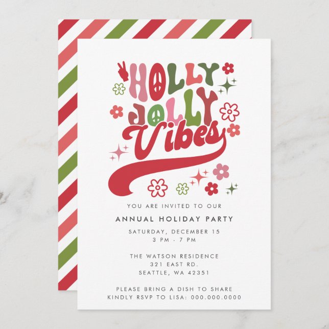 Colourful Retro Groovy Holly Jolly Vibes Holiday Invitation (Front/Back)