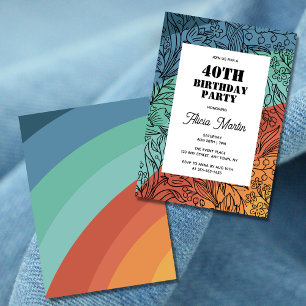 Colourful Retro Groovy Rainbow Floral 40th Birthda Invitation