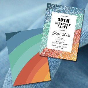 Colourful Retro Groovy Rainbow Floral 50th Birthda Invitation