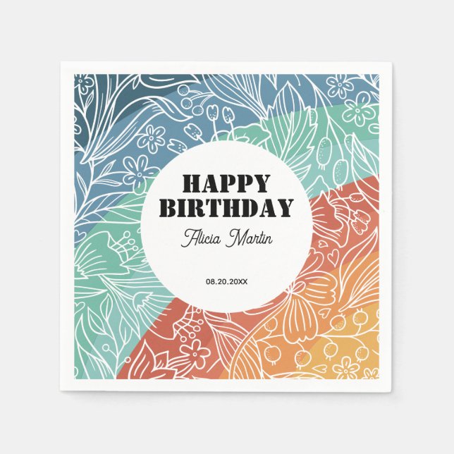 Colourful Retro Groovy Rainbow Floral Birthday Napkin (Front)