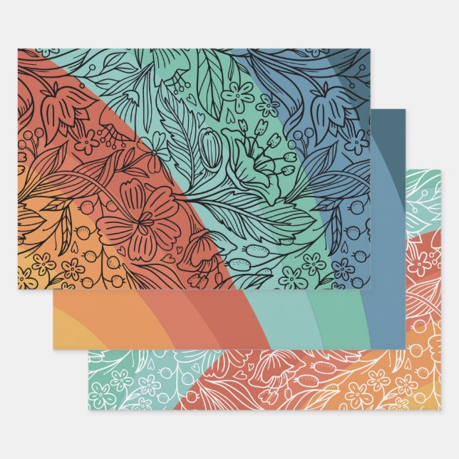 Colourful Retro Groovy Rainbow Floral  Wrapping Paper Sheet (Set)