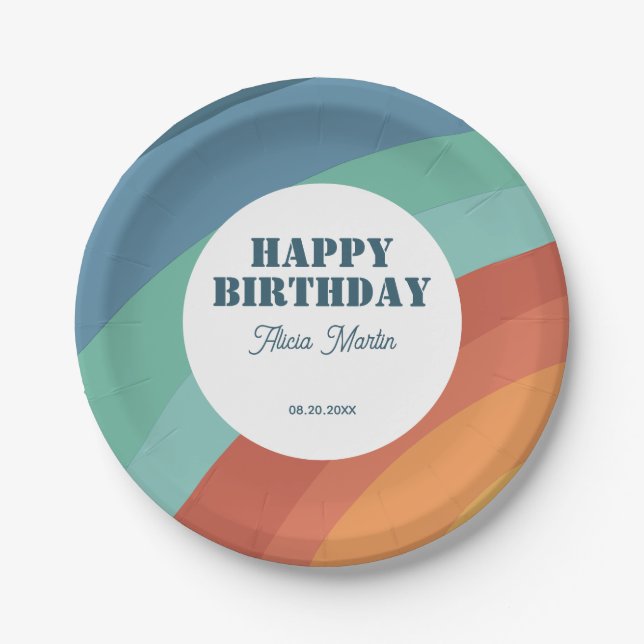 Colourful Retro Groovy Rainbow Happy Birthday Paper Plate (Front)
