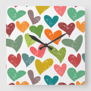 Colourful retro grunge hearts square wall clock